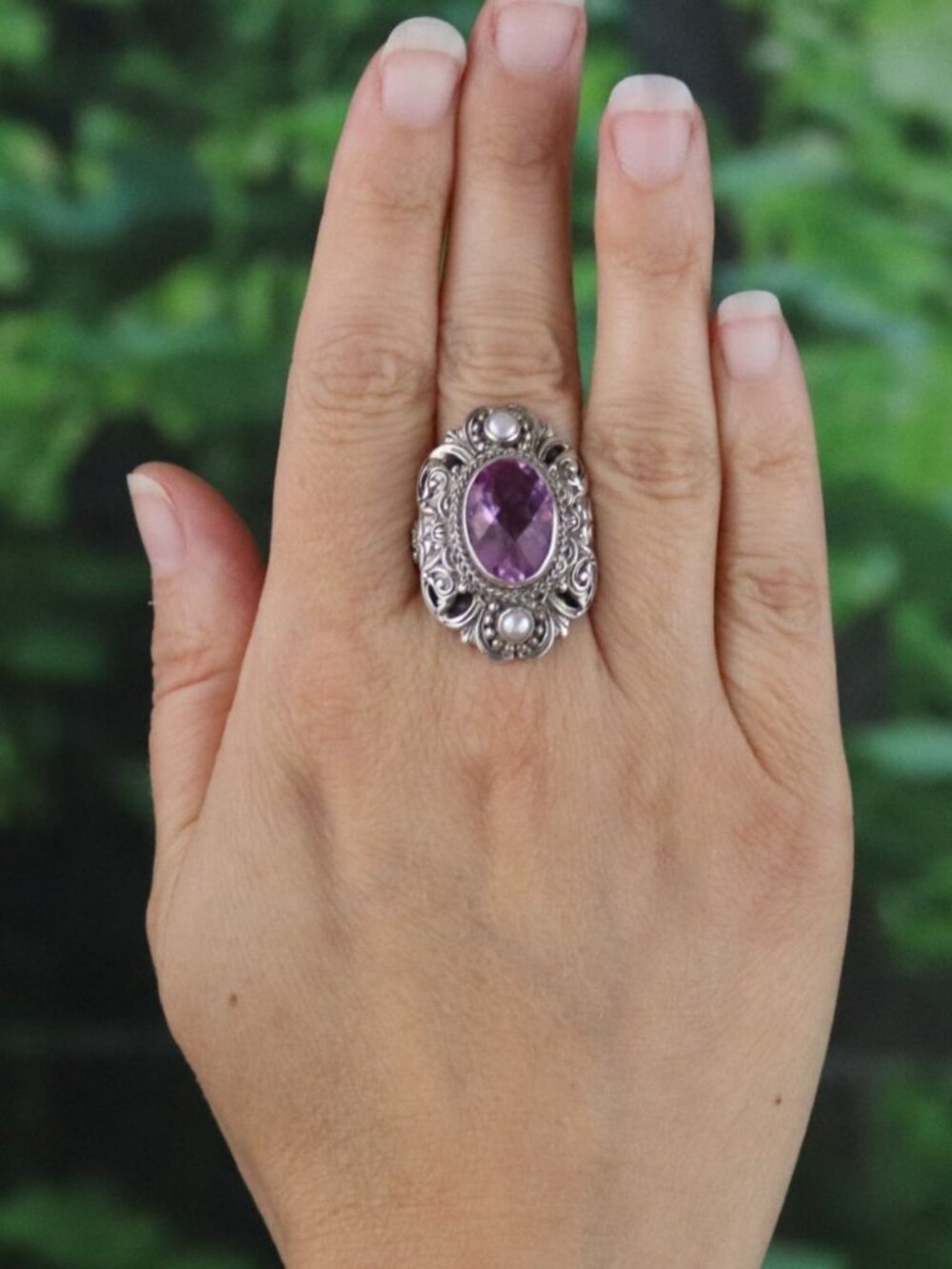 Sterling Silver Natural Amethyst and Pearl Ring Sarda Size 8 1/4 - Picture 2 of 7
